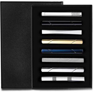 Mens tie clip set 8 piece silver gold black blue bar clasp wedding business